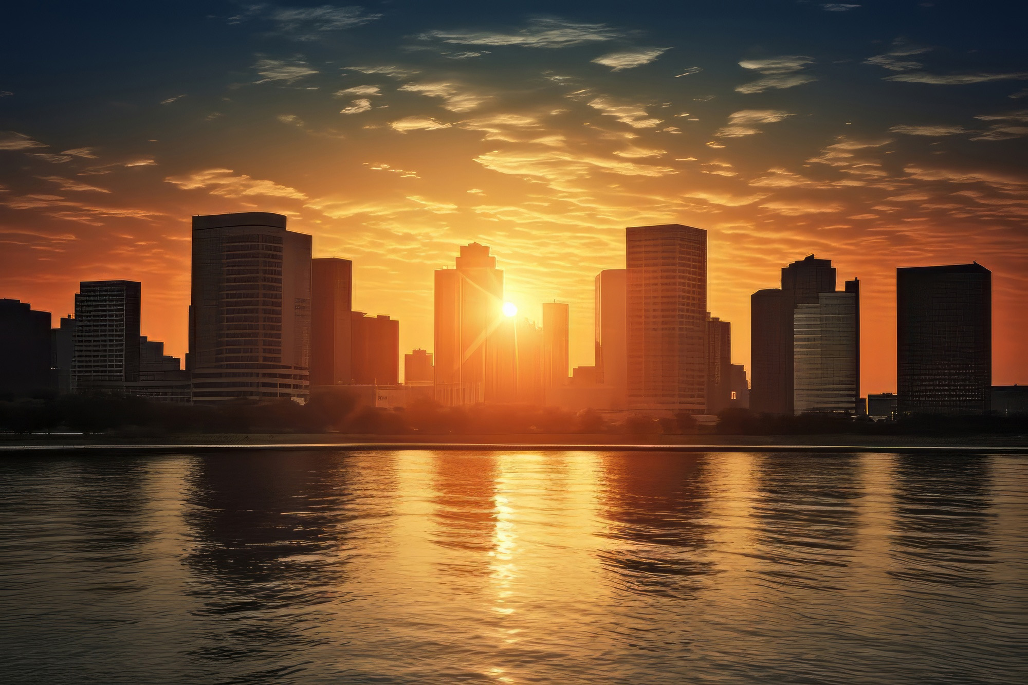 Skyline de una ciudad al atardecer reflejado en el agua